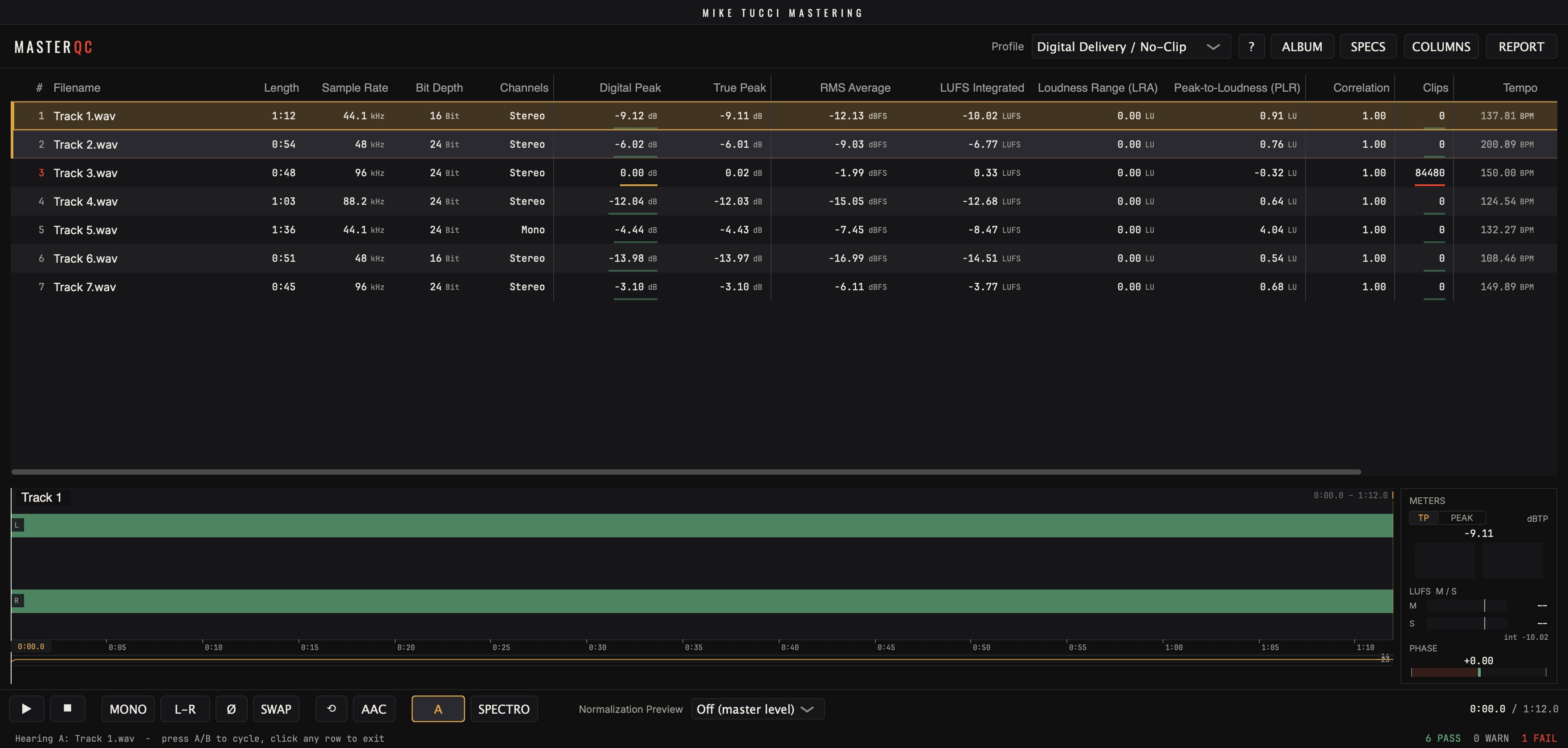 A/B compare engaged in the real app: two tracks selected, the status line reads Hearing A, press A/B to cycle